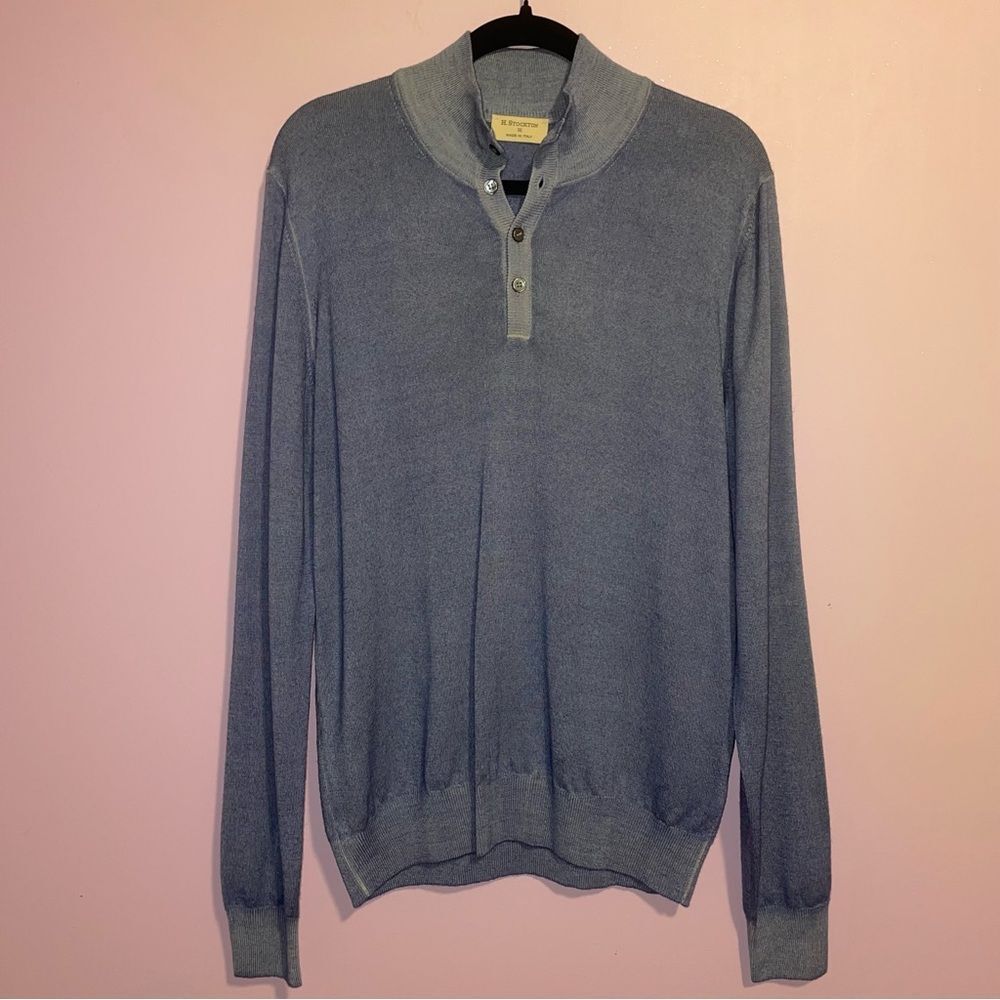 H Stockton Blue Virgin Wool Henley Pullover Sweater Men Size L Knit Preppy
